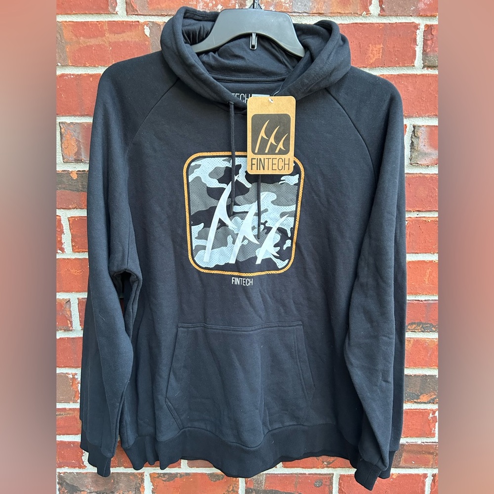 NWT Fintech Fishing Long Sleeve Graphic Print Black Hooded XXL Sweatshirt Hoodie